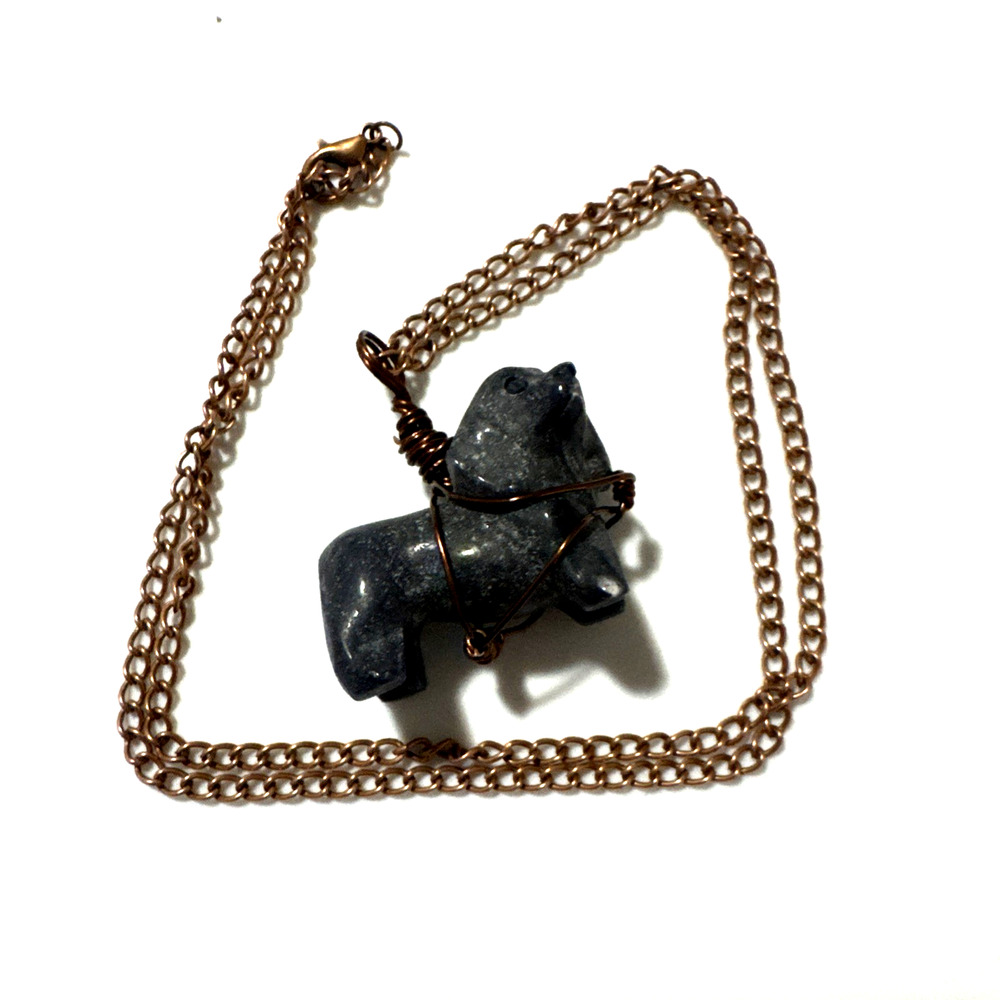 Dog Pendant Soapstone Necklace Jewelry Copper Tone 21" Chain Genuine Stone Black